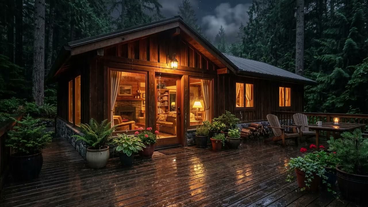 Gentle Rain in Pine Forest Cabin 🌧️ Warm Lamp Glow & Books for Sleep and Relaxation