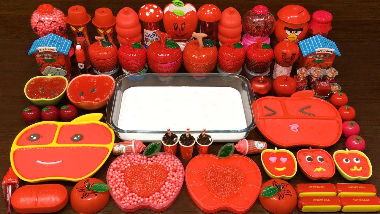 Series RED APPLE Slime ! Mixing Random Things into GLOSSY Slime! Satisfying Slime Videos #128