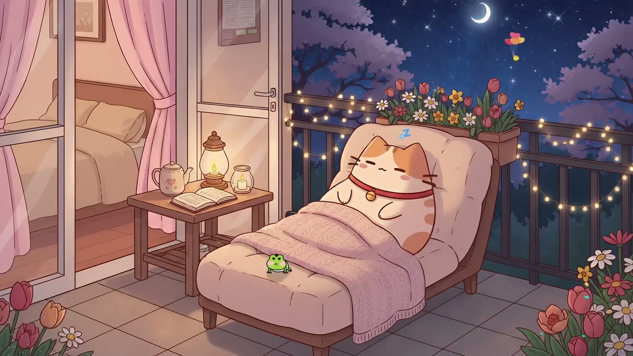 Pusheen's Cozy Balcony Night 🌙 Relaxing Lofi Hip Hop for Sleep & Study 🌸 Aesthetic Spring Vibes