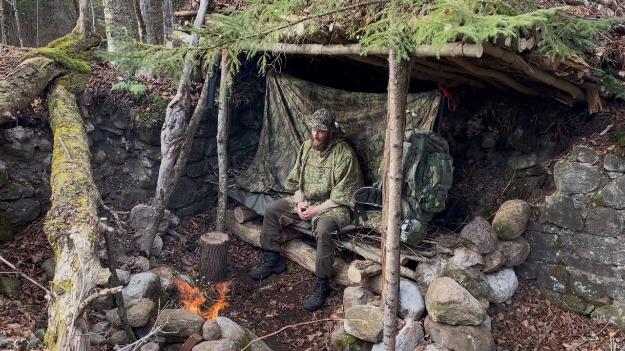 Underground shelter build and overnight in old stone cabin foundation   #bushcraft