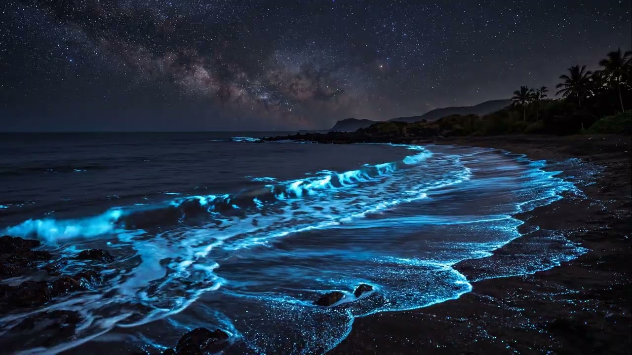 🌊 4K Bioluminescent Waves on a Beach at Night | 2 hrs Ocean Sounds for Meditation and Deep Sleep