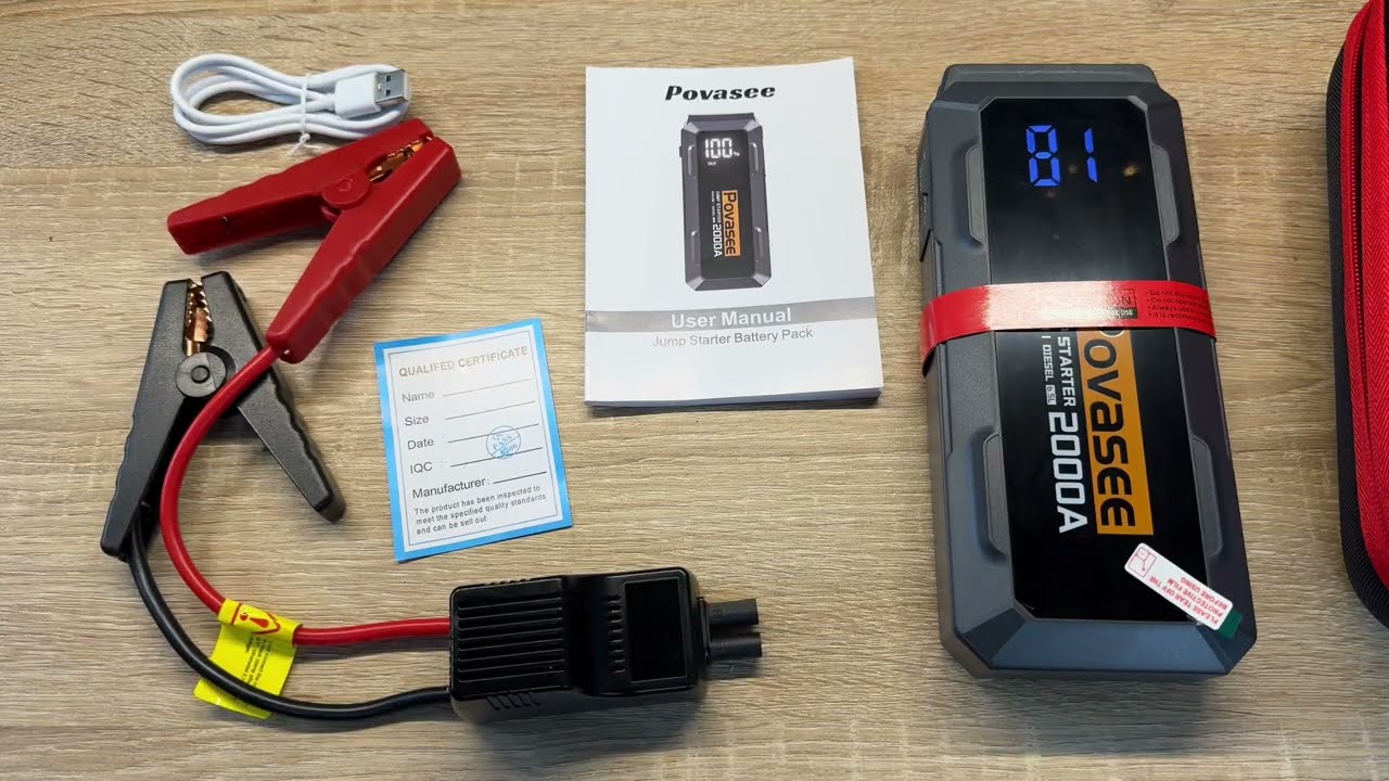 Povasee Starthilfe Powerbank, 2000A Spitzenstrom Auto Starthilfe LCD Powerbank Unboxing & Anleitung