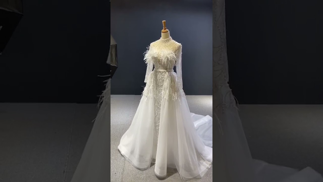 Crystal Long Sleeve Lace Feather Detachable Train A Line Wedding Dress