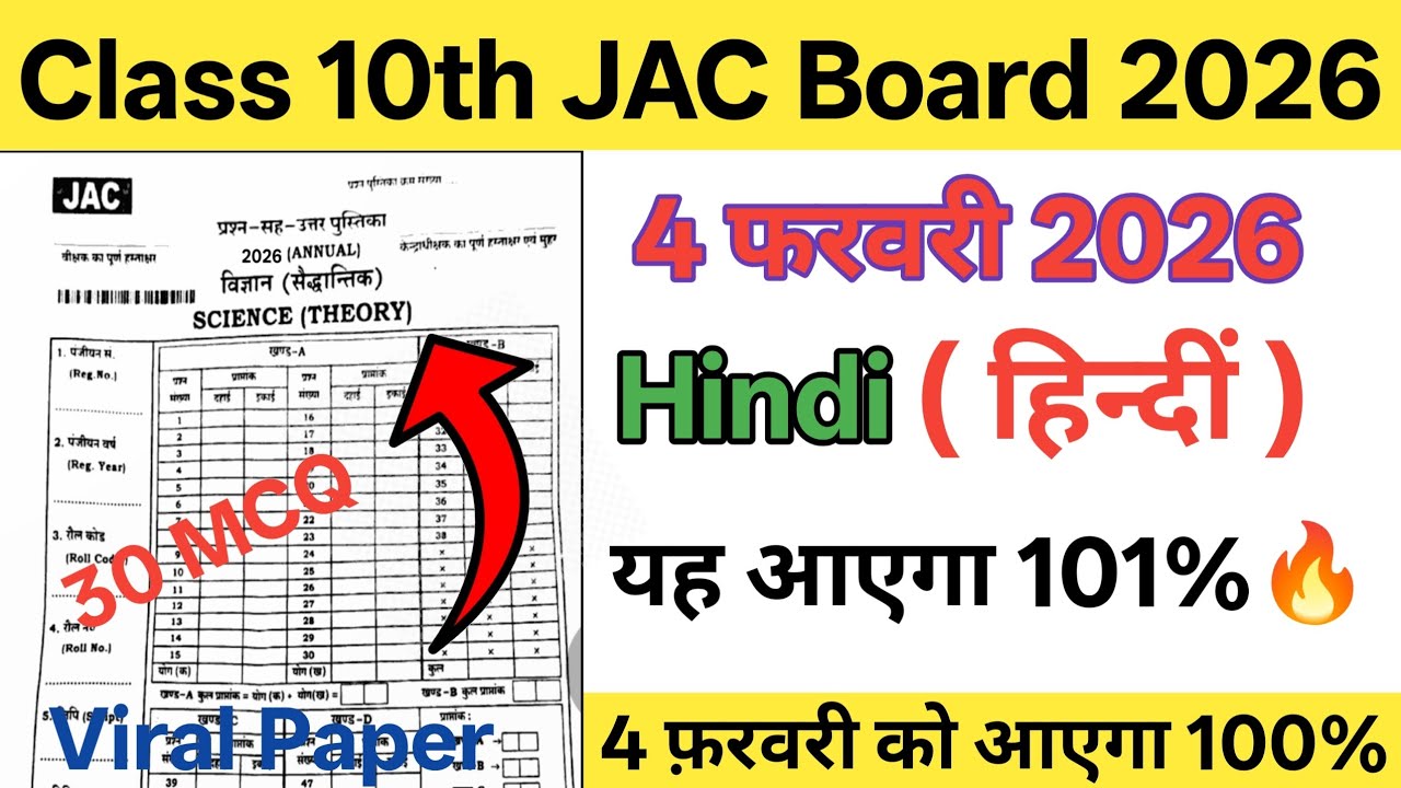 4 February - हिंदी का प्रश्न पत्र  | Jac Board Class 10 Hindi Original Question  || 10th hindi 2026