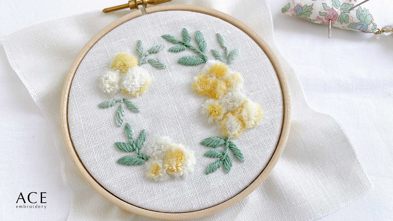 (SUB)【無料図案】スミルナステッチでモッコウバラの刺繍/Hand embroidery smyrna stitch banksia rose