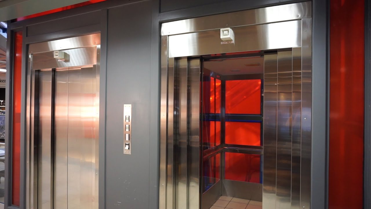Amazing scenic 1991 Deve Schindler holeless hydraulic elevators @ AMFI Pyramiden, Tromsø, Norway