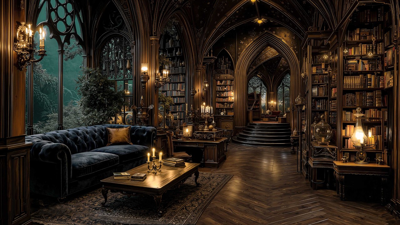 Candlelit Spring Rainy at Gothic Library | Dark Academia Ambience for Deep Focus & Reading