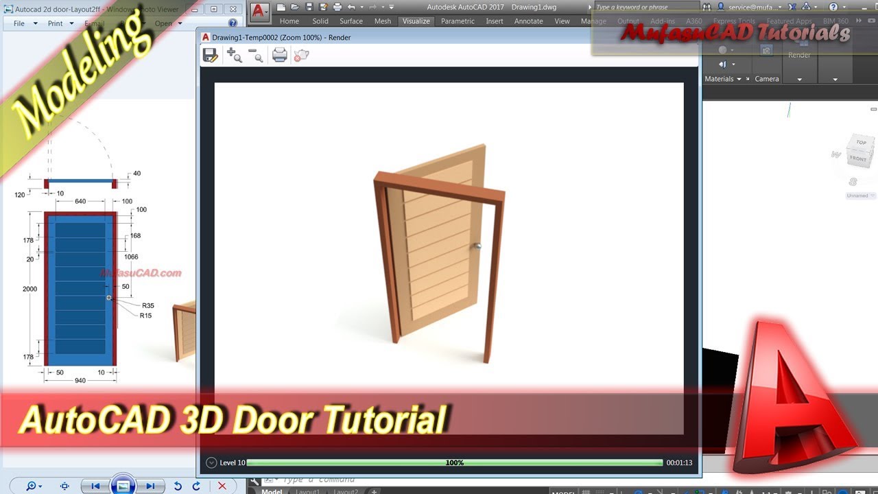 Autocad Classes 3D Modeling + Rendering Door Tutorial Practice Exercise 44