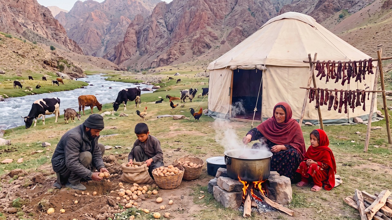 Real Village Life in Afghanistan | A Nomadic Family Cooking Organic Food Over Wood Fire.