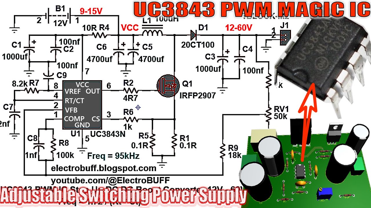 UC3843 PWM IC Switching Power Supply 12V-60V Adjustable Charger/LED Flood Light Driver