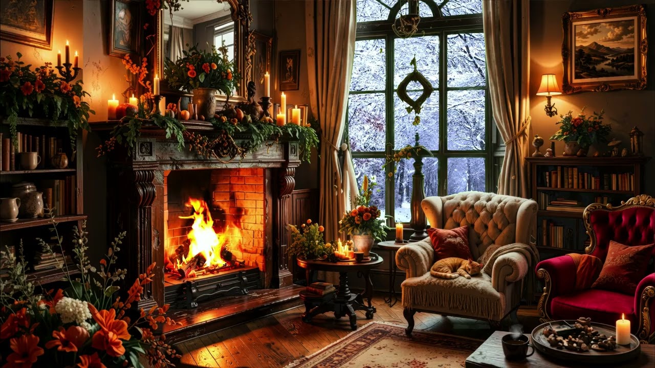 Cozy Nook Filled with Warmth: Winter Piano & Cello by Fireplace