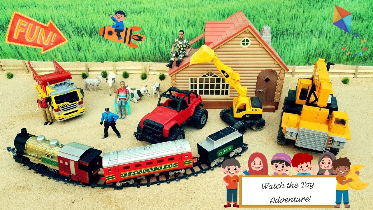 Rainy Day Toy Fun! Jeep, Crane, Dump Truck, Train & Farm Animals Play #toyvehicles #toystory