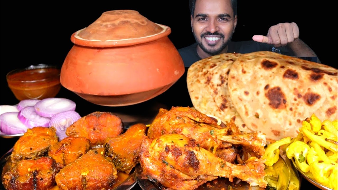 Eating Matka Chicken Biryani with Fish Curry | Aloo Paratha, Masala Chicken Fry & Gobi Bhaja Mukbang