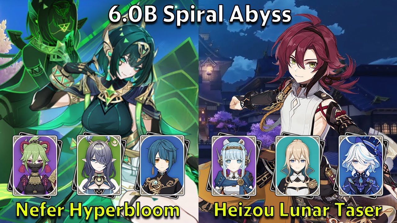 C0 Nefer Hyperbloom и C6 Heizou Lunar Taser - Genshin Impact 6.0-6.1 Spiral Abyss Full Clear