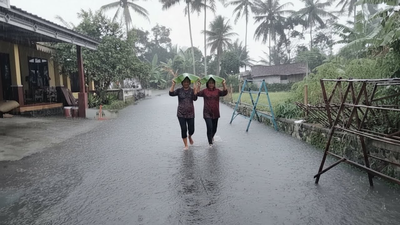 heavy rain in a peaceful and cool village #rainwalk #ruralvillagelifeinindonesiawalking4k