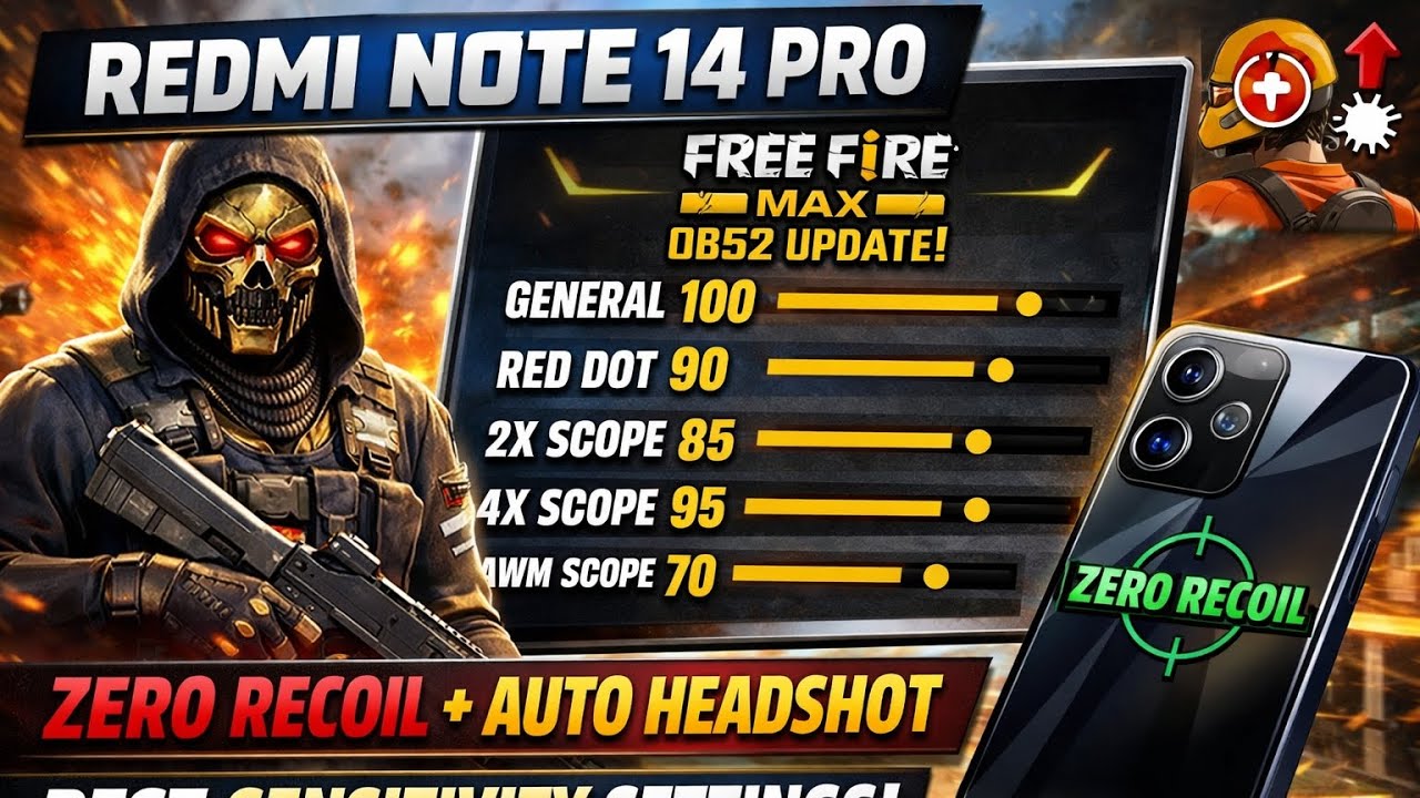 Redmi Note 14 Pro Free Fire Max Sensitivity OB52 | Zero Recoil + Auto Headshot Settings