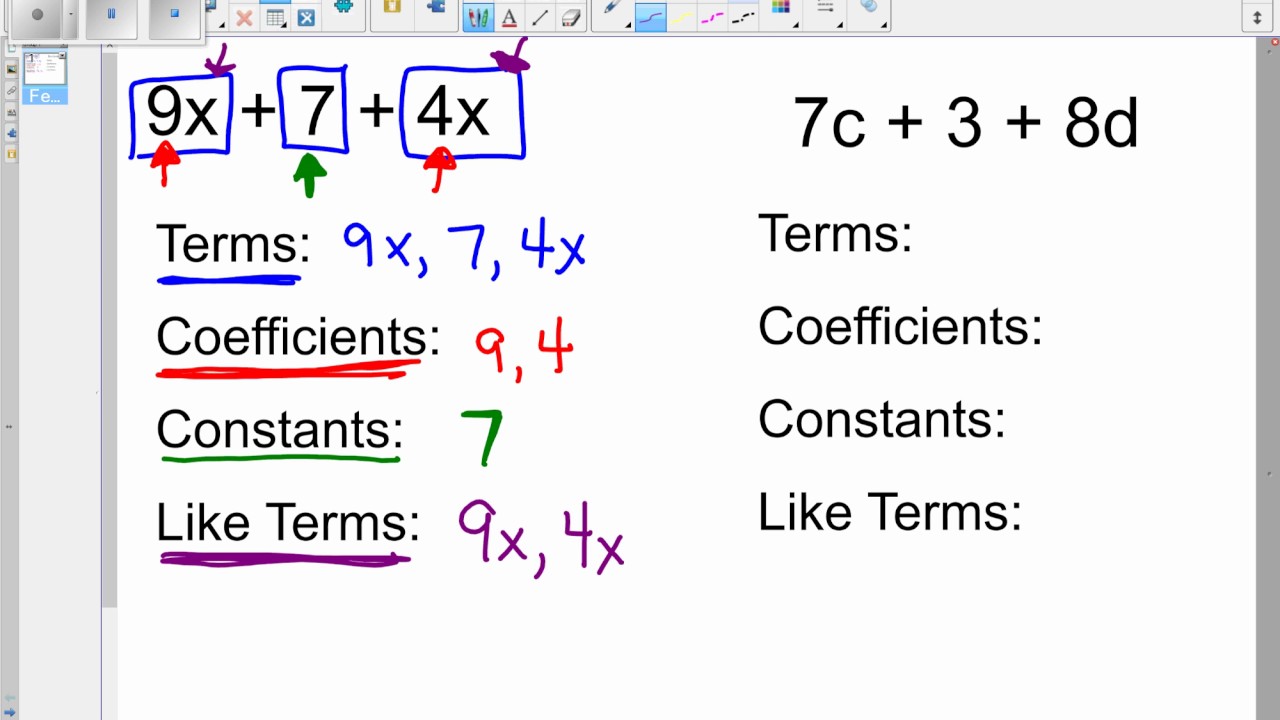 Coefficients, Constants, Terms, and Like Terms Vocab Review Video