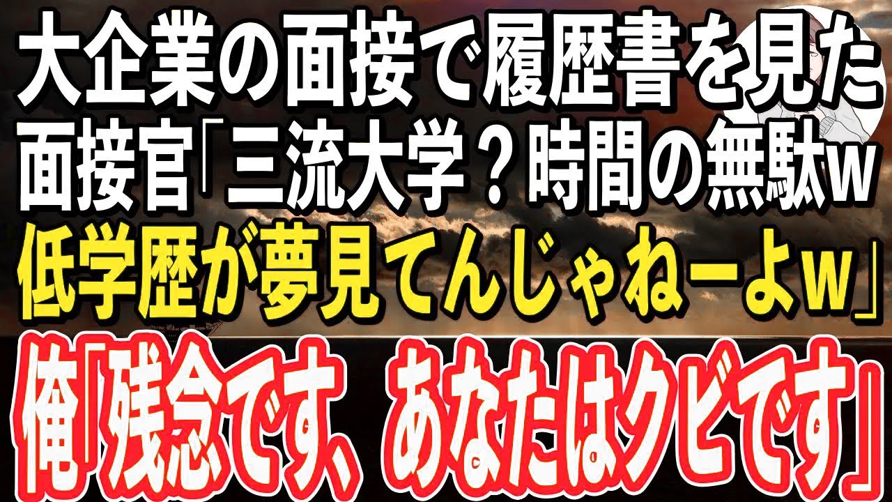 【スカッと感動】大企業の面接で俺の履歴書を見た面接官が「この程度の学歴で採用されるとでも？夢見てんじゃねーよw」→何も知らないクソ面接官に引導を渡してやった結果w