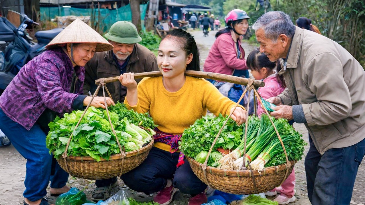 Harvesting green vegetables and passion fruit to sell at the market, raising ducks, and cooking