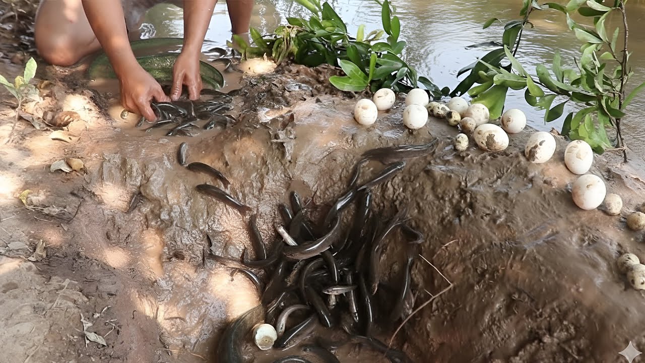 A man so funny find and collect the fish near the pumping water a lot of eel​ and Fish making a hole