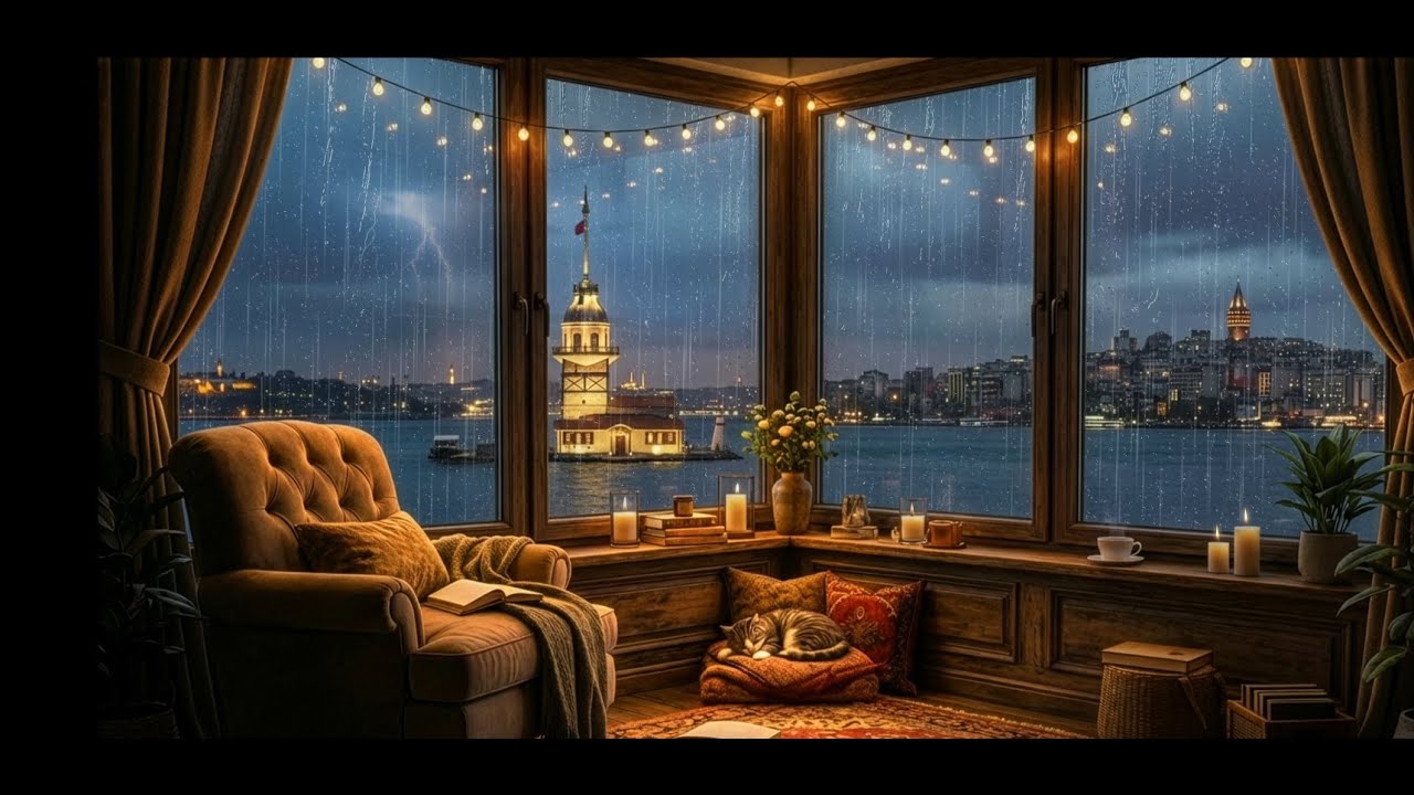 Cozy Istanbul Night Ambience 🌧️ | Relax, Study, Sleep | Oud & Qanun | Rain Sounds 4K