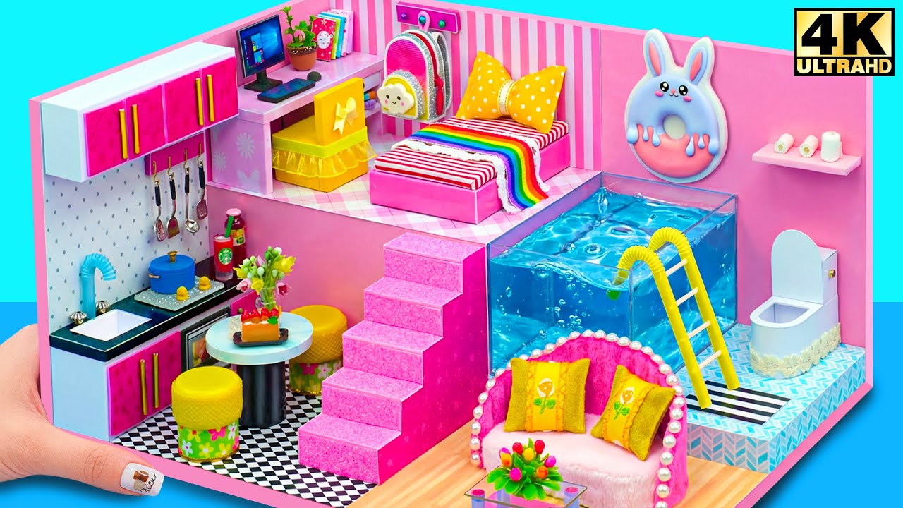Building Super Aesthetic Pink Miniature House with Indoor Pool 💖✨ | DIY Miniature Cardboard House