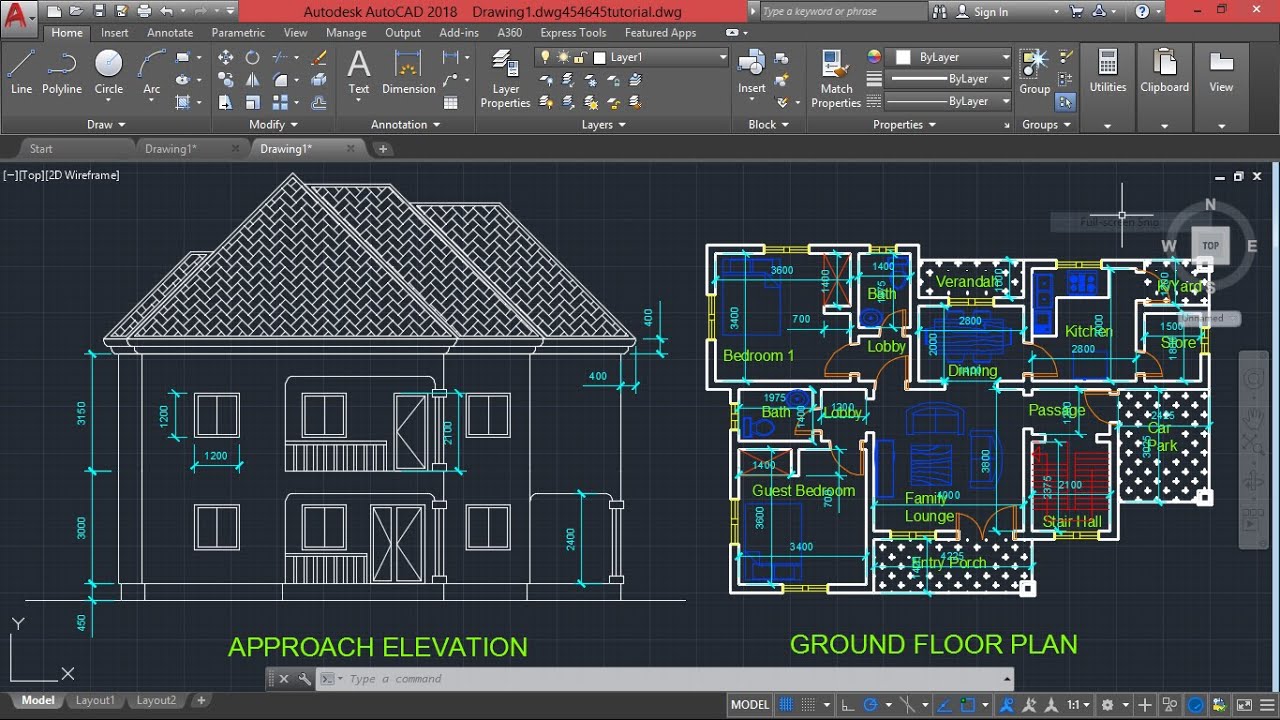 Полный чертеж плана здания в AutoCAD, часть 4, вид на подъездную дорожку