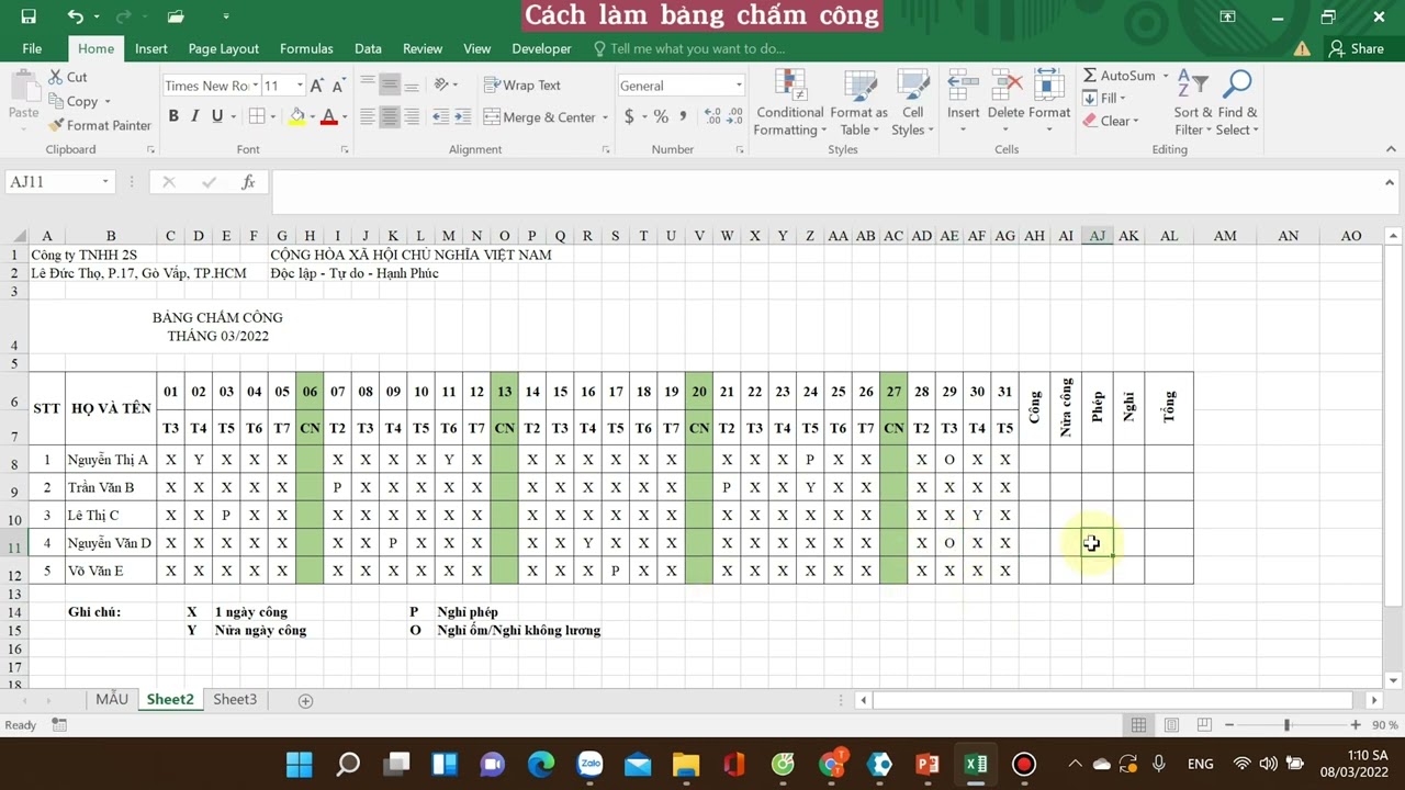 Cách làm bảng chấm công trong excel 2016