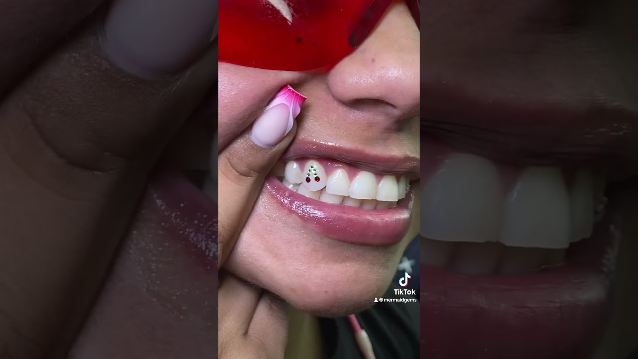 Cherry tooth gem design 🍒 #piercing #nj #swarovski #teeth #toothgems
