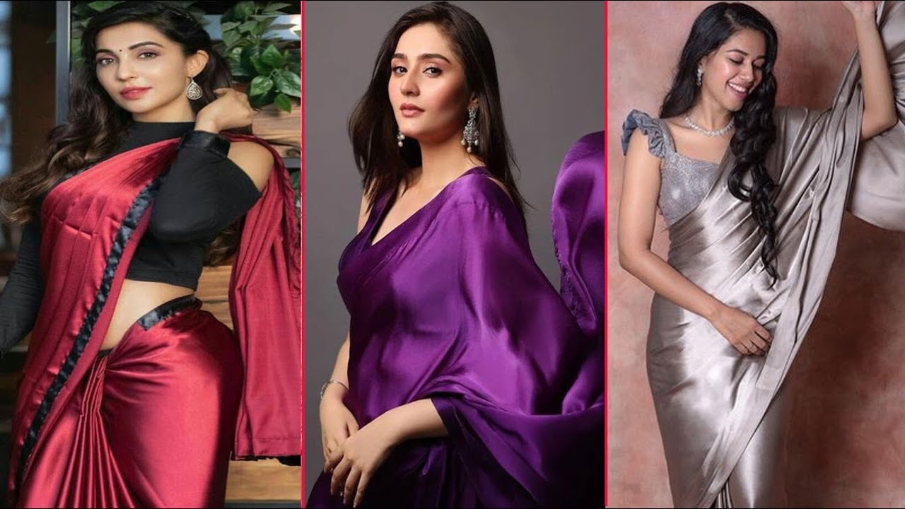 Plain satin saree with contrast designer blouse ideas, How to style satin saree tip