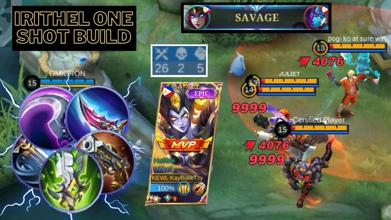 IRITHEL LITERALLY ONE HIT BUILD 2023 🔥🔥 I 26 KILLS, 1 SAVAGE IRITHEL AMAZING DAMAGE HIT I MLBB