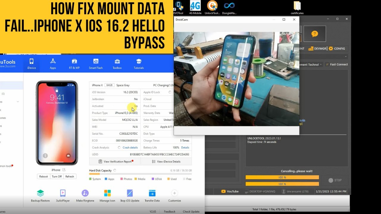 iPhone X IOS 16.2 HELLO BYPASS WITHOUT SIGNAL WITH UNLOCKTOOL(ONLY WINDOWS)(HOW FIX MOUNT DATA FAIL)