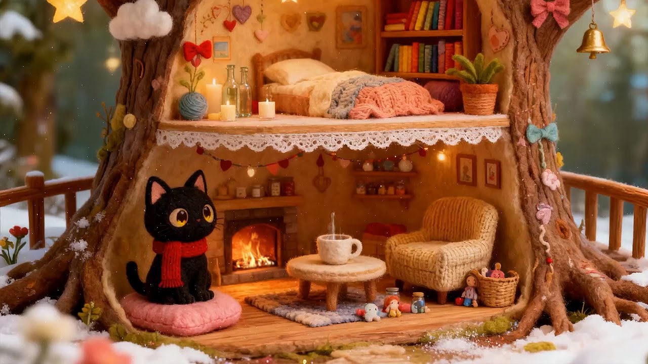 Cat's Cozy Treehouse ❄️ Warm Lofi Music Snowy Night ✨ Soft Lofi to Relaxing & Focus