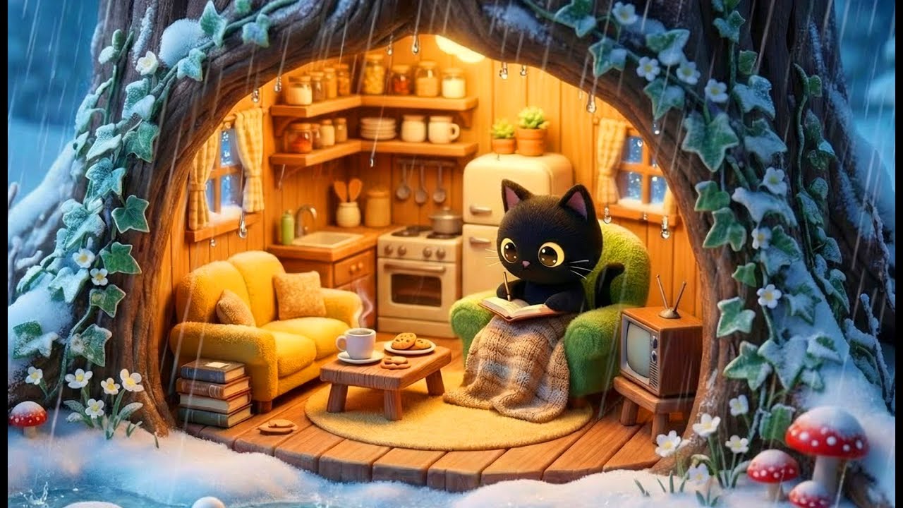 Lofi Cat Cozy TreeHouse & Rain Beats 🌧️❄️ Jazzy Lofi Music for Study, Relax