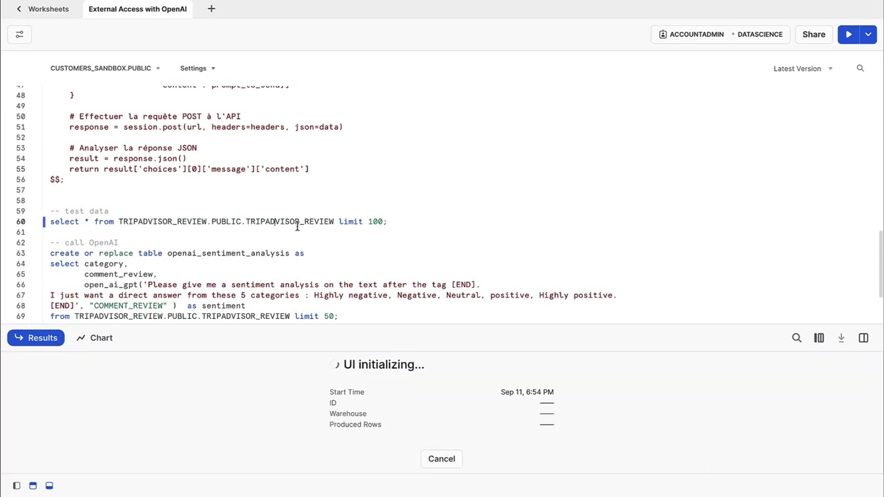 Use snowpark external access to perform sentiment analysis with ChatGPT