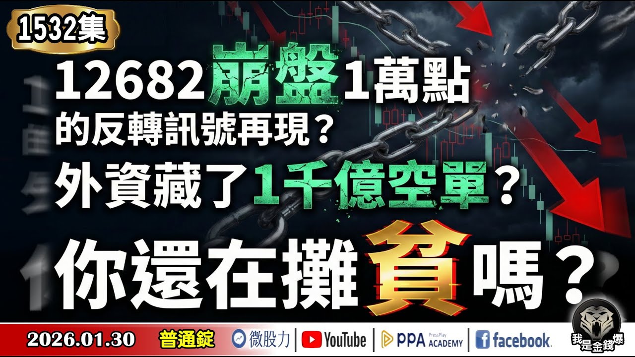 台股12682崩盤1萬點的反轉訊號再現？外資隱藏版1千億空單？你還在攤「貧」嗎？《我是金錢爆》普通錠 2026.0130 #大K分析師(曾煥文) #阿斯匹靈(邱正偉) #廖祿民(台股|拉回|記憶體)