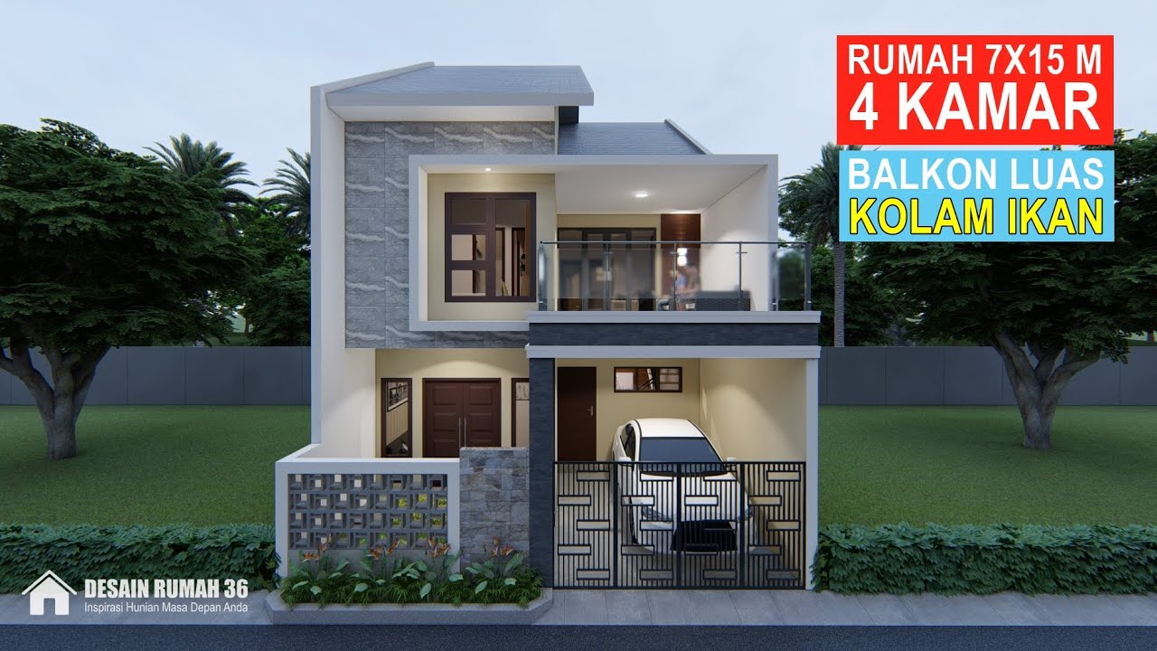 DESAIN RUMAH 7X15 METER, 4 KAMAR TIDUR, MUSHOLA DAN BALKON DEPAN LUAS