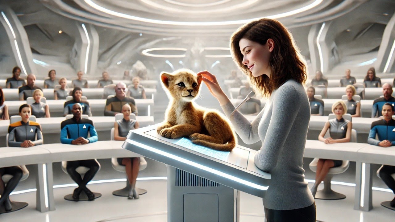 Один детёныш хищника забрался на трибуну посреди лекции человек почесал ему ухо, и занятие продолжил