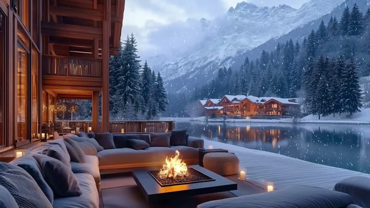 Snowy Mountain Patio in 4K ❄️🔥 | 8 Hours Cozy Fire Pit Ambience for Deep Relaxation & Sleep