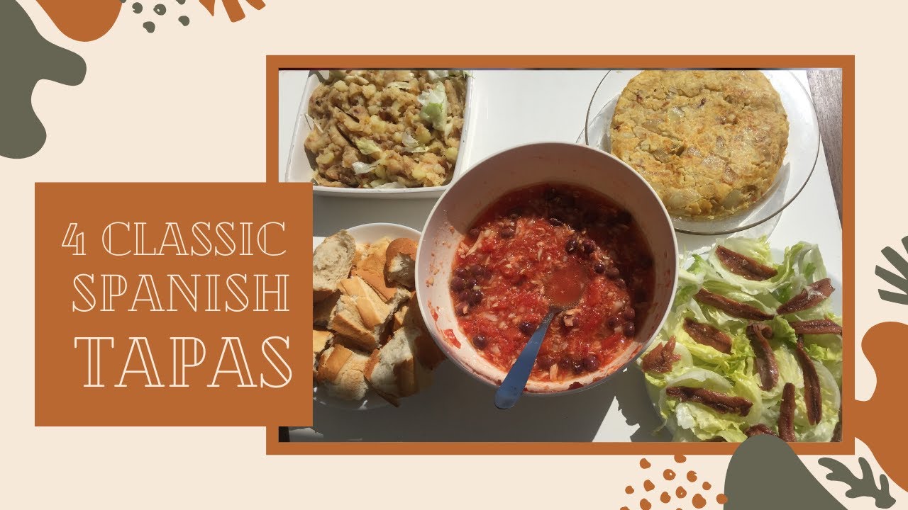 4 Classic Spanish Tapas. Tortilla, Salad 