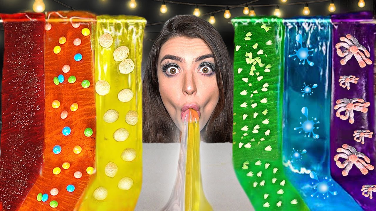 ASMR RAINBOW SHEET JELLY w/ MYSTERY TOPPINGS!? RAINBOW JELLY STRAWS, SLURP & EATING SOUNDS MUKBANG