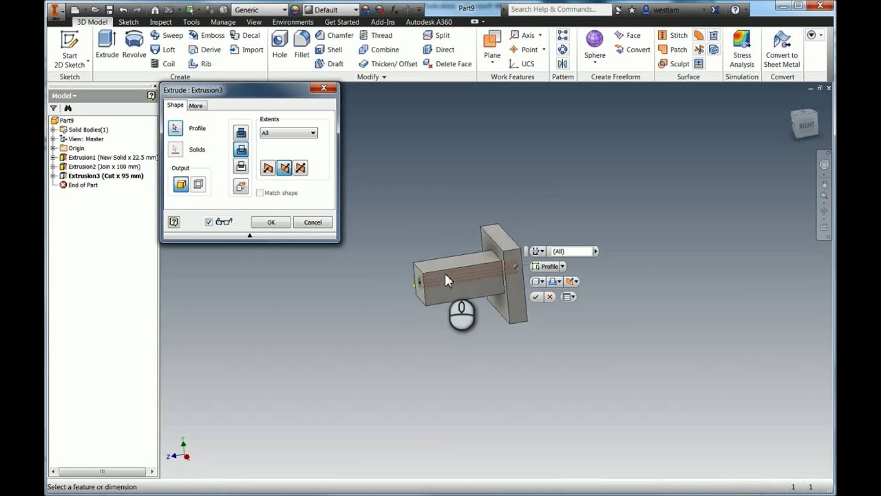 Using the extrude tool in Autodesk Inventor