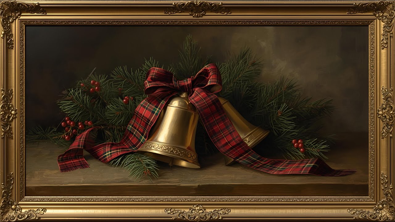Moody Christmas Bells with Tartan Bow | Old Money Holiday TV Art Screensaver @99for1TVart 
