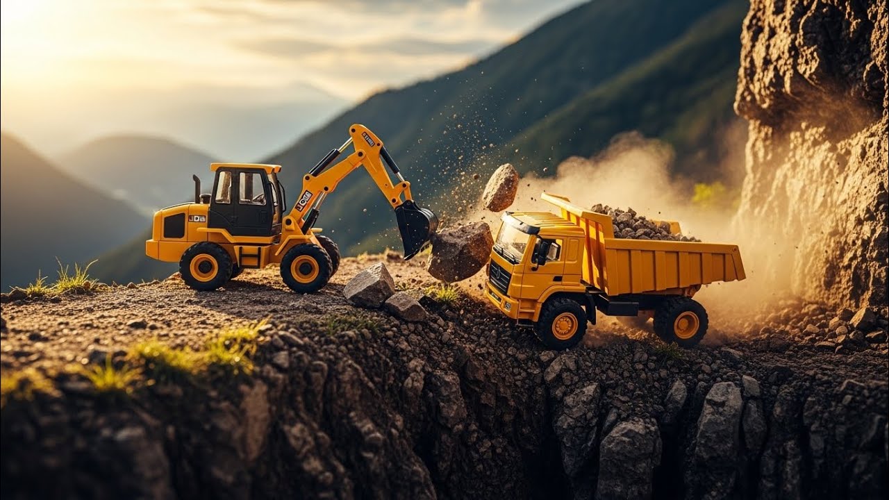 Mini Mountain Cut Road Construction! JCB & Trucks Build Dangerous Cliff Road 🚜⛰️ | Realistic Toys