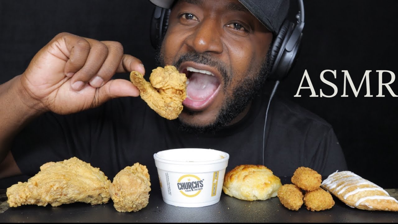 ASMR CHURCHS CRISPY FRIED CHICKEN, MASH POTATOS WITH GRAVY, JALP BOMBERS & HONEY BISCUIT. (TCASMR)