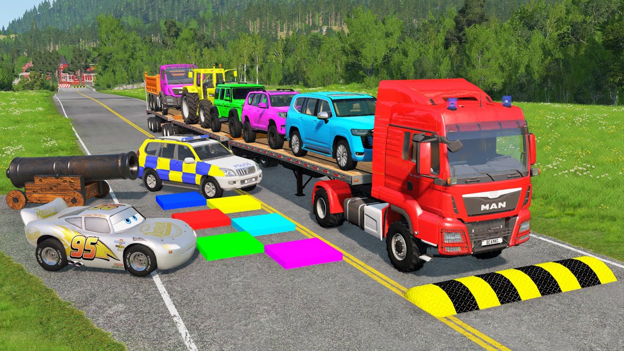 Triple Flatbed Trailer McQueen Transportation with Truck - Speedbumps vs Cars vs Train - BeamNG #2