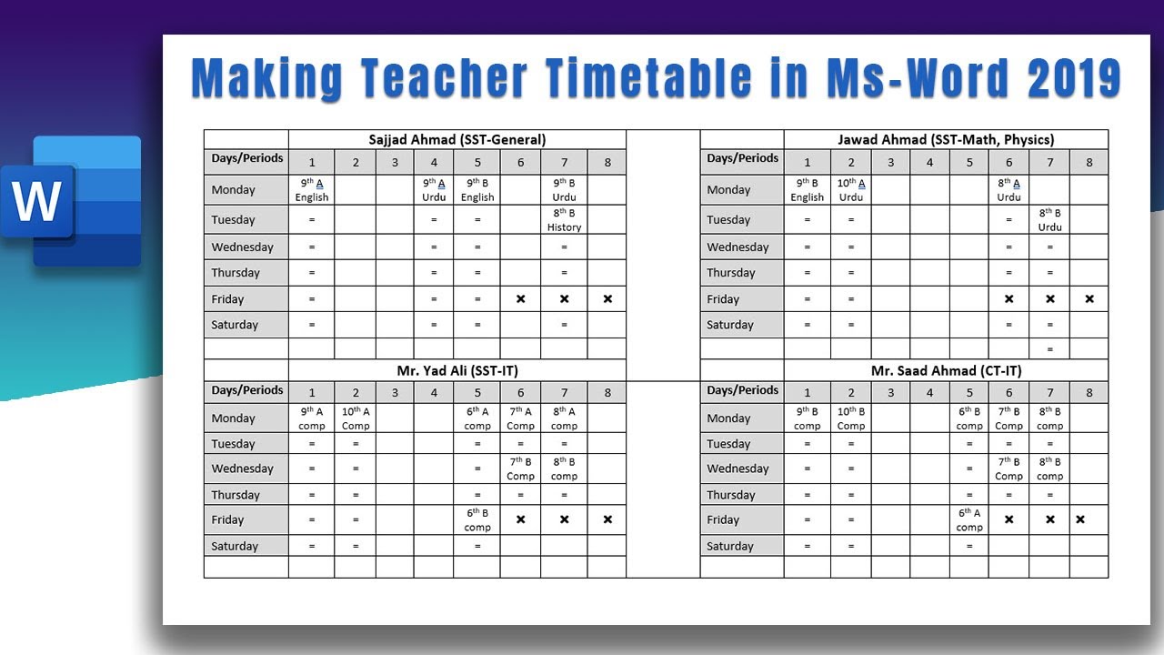 How to create Teacher Timetable in Ms word 2019 | Making timetable for school teachers | Timetable