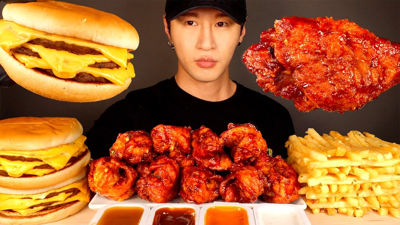 ASMR MUKBANG BBQ CHICKEN & TRIPLE CHEESEBURERS & GARLIC FRIES (No Talking) EATING SOUNDS | Zach Choi