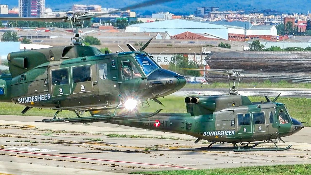 3x Austria Air Force / Bundesheer Agusta-Bell AB-212 helicopters departing