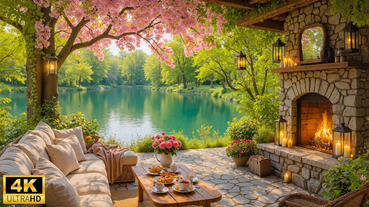 Spring Morning in Cozy Lakeside Porch Ambience🌿Relaxing Piano Music & Crackling Fireplace to Unwind